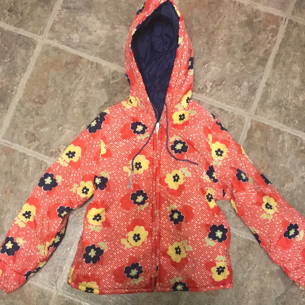 70’s Vintage Girls toddler winter coat unbranded red floral zip up hooded